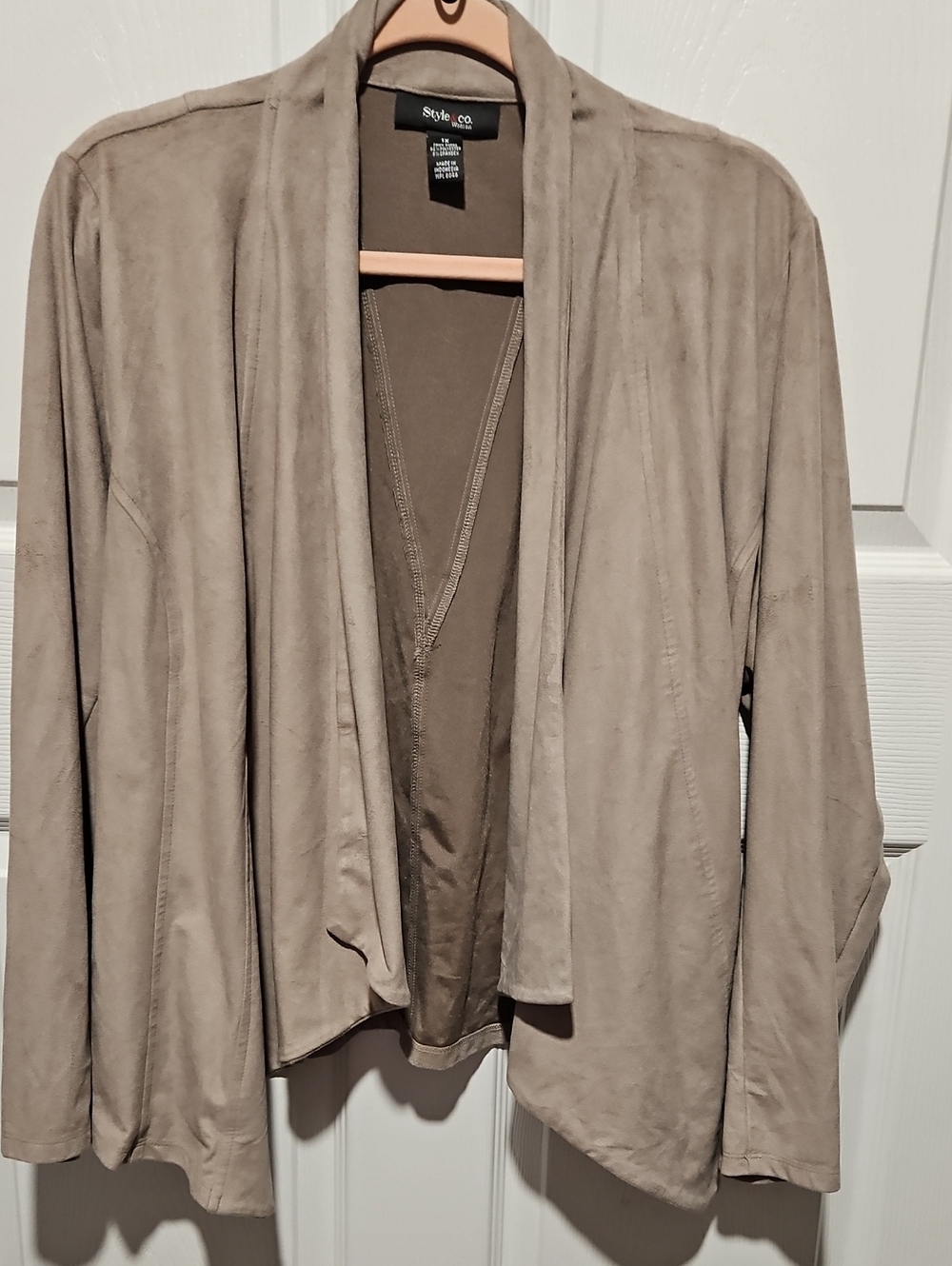Style & Co. Taupe Open-Front Draped Faux Suede Blazer